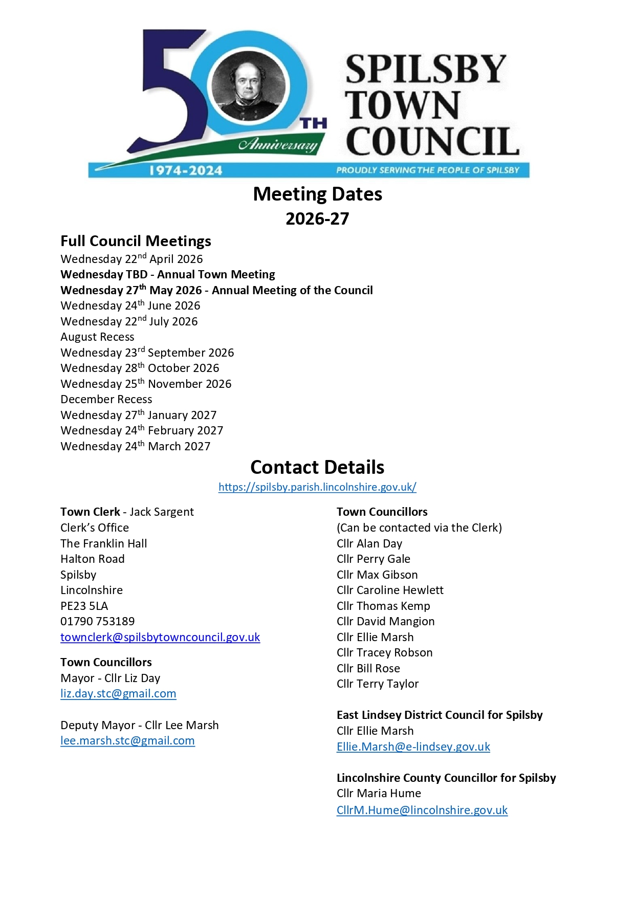 Meeting dates 2026 27 and contact details page