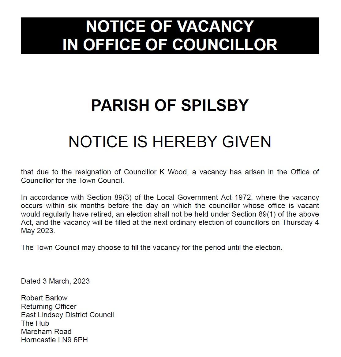 Notice of vacancy wood feb 23